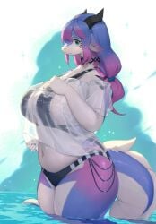 1girls anthro aqua_eyes belly big_breasts blue_eyes blue_hair breasts clothed clothing dragon dragon_ears dragon_horns dragon_tail female female_only hair hi_res horn horns in_water lanya_(lcshian) lcshian long_hair multicolored_hair navel partially_submerged purple_hair solo swimwear tail thick_thighs tied_hair translucent translucent_clothing two_tone_hair water wet wet_clothes wingless_dragon