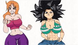 2girls alternate_breast_size artist_request black_hair caulifla clothes_swap dragon_ball_super female female_only nami one_piece orange_hair post-timeskip post_timeskip smile tagme