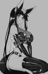 1girls animal_ears ankh anput_(bladechan28) big_breasts black_and_white black_hair bladechan28 blunt_bangs dark-skinned_female dark_skin egyptian egyptian_female female female_only gloves goth goth_girl latex looking_at_viewer makeup original solo solo_female solo_focus spiked_collar thighhighs unimpressed