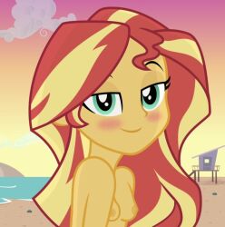 1girls beach bedroom_eyes blonde_hair blush breasts cloud equestria_girls female female_only kingdark0001 looking_at_viewer my_little_pony naked nipples nude small_breasts smiling sunset sunset_shimmer