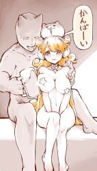 1boy1girl belly blush cat_(battle_cats) choker covering_pussy curled_hair drunk firm_breasts grabbing_shoulders green_eyes headphones horns kai_(battle_cats) large_breasts large_hat long_hair looking_at_viewer march_makoto nipple_bulge nipple_pasties nude_female nude_male orange_hair porn_shoot shoulders significant_size_difference smaller_female smiling smiling_at_partner talking_to_partner the_battle_cats titan_cat worried_expression