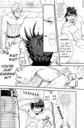 2boys bath bath_scramble_(comic) bathroom battle_tendency caesar_zeppeli dialogue english_text gay jojo's_bizarre_adventure joseph_joestar male male_only muscular_male nude_male orange_star partially_clothed shirtless_male text yaoi