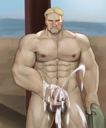 1boy abs attack_on_titan bad_anatomy balls bara beach beard big_balls big_muscles big_penis blonde_hair blush cum cum_drip cum_on_body cum_on_hand cum_on_penis cumshot daddy dilf ejaculate ejaculating ejaculation erection gay hair hairy_balls human male male_only masturbation moustache muscular muscular_human muscular_male navel nipples nude pecs penis pubes reiner_braun sand solo stf4456 sweat water yaoi