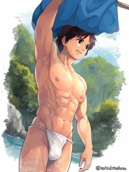 abs loincloth loincloth_bulge loincloth_only muscles muscular muscular_male nature nature_background public river torakichi_(ebitendon) torakitchen v-line yaoi