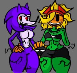 2girls1boy anthro artist_signature between_thighs breasts female gloves gloves_only little_flower_(artist) little_flower_(little_flower) looking_at_viewer needlemouse_(character) needlemouse_(series) original_character plantie plants_vs_zombies plants_vs_zombies:_heroes sarah_henderson_(needlemouse) smile solar_flare_(pvz) sonic_(series) sonic_the_hedgehog_(series) thick_thighs