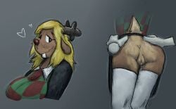 anthro antlers anus ass big_breasts black_bottomwear black_clothing black_eyes black_skirt blonde_hair bodily_fluids bottomwear breasts brown_body brown_fur buckteeth checkered_clothing checkered_topwear clothed clothing deer deltarune disembodied_hand eyelashes female floppy_ears freckles fur genital_fluids genitals grey_background hair heart horn legwear lop_ears mammal noelle_holiday pattern_clothing pattern_topwear pussy pussy_juice raised_bottomwear raised_clothing raised_skirt red_nose simple_background skirt solo spread_butt spreading teeth terrehaute thick_thighs thigh_highs topwear undertale_(series) wavy_mouth white_clothing white_legwear white_thigh_highs wide_hips