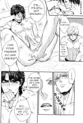 2boys anal_fingering bath bath_scramble_(comic) battle_tendency caesar_zeppeli dialogue english_text gay hand_covering_face hand_on_head joestar_birthmark jojo's_bizarre_adventure joseph_joestar looking_pleasured male male_only muscular_male nude_male onomatopoeia orange_star penis testicles text yaoi