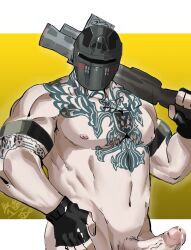 1boy big_penis clx147258 cum dilf fingerless_gloves grenade_launcher helmet male male_only muscles nude pale_skin plain_background pubic_hair rainbow_six rainbow_six_siege russian tachanka_(rainbow_six) tattoos ubisoft uncensored veiny_penis