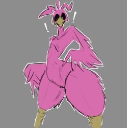 anthro avian beak bird black_sclera bottom_heavy exclamation_point feathers female flat_chested garten_of_banban garten_of_banban_reincarnated genitals grey_background head_feathers head_tuft opila_(garten_of_banban) opila_(reincarnated) pink_body pink_feathers pussy simple_background small_waist solo terrehaute thick_thighs tuft white_eyes wide_hips