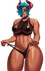 1girls big_breasts demon demon_girl demon_horns earrings eyeshadow female female_only fishnet_topwear green_hair hair_over_one_eye horns lip_ring looking_at_viewer medium_hair narrowed_eyes nipple_pasties nose_piercing paprika_(gattles) pasties shiny_skin shiny_thighs solo sotcho star_pasties tan_skin tanline thick_thighs thong thong_pull very_high_resolution white_background yellow_eyes