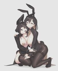 2girls beauty_mark big_breasts binah black_hair black_legwear blouse breasts breasts_out bunny_ears bunny_girl bunny_tail bunnysuit collared_shirt earrings ee_extension_02 exposed_breasts eyelashes eyeliner female female_only frills heels hi_res high_heels hug library_of_ruina lingerie long_hair makeup medium_hair mole monochrome_background multicolored_hair nipple_pasties pantyhose partially_unbuttoned pasties project_moon reverse_bunnysuit ring shirt simple_background stockings wing_collar yuri zena_(library_of_ruina)