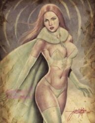 blonde_hair blue_eyes breasts cape choker cleavage corset emma_frost female fit_female hellfire_club jun_de_felipe lingerie looking_at_viewer marvel marvel_comics navel nipples panties thong thong_panties whip white_queen x-men