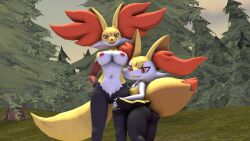 3d 3d_(artwork) anthro ass bedroom_eyes braixen breasts canid canine delphox digital_media_(artwork) duo female female/female forest fox generation_6_pokemon hi_res leg_grab looking_at_viewer mammal narrowed_eyes nintendo nipples plant pokemon pokemon_(species) presenting presenting_hindquarters seductive small_breasts smile tree volcalest