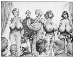 4girls angio auction breasts_out exhibitionism huge_breasts humiliation hyper_breasts joseph_farrel multiple_girls pencil_(artwork) tagme western_art