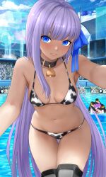 2girls bare_shoulders bb_(fate) bikini bikini_bottom bikini_top black_choker blue_eyes blue_hair_ribbon blush blush_lines brown_skin brown_skinned_female choker cleavage collar cow_print cow_print_bikini cowbell cowprint_bikini fate/grand_order fate_(series) female female_only hair_ribbon light-skinned_female light_skin light_skinned_female long_hair meltryllis meltryllis_(swimsuit_lancer)_(fate) multiple_girls navel penguin purple_eyes purple_hair raskasar red_hair_ribbon revealing_clothes shocked shocked_expression skimpy_clothes small_breasts tan-skinned_female tan_body tanned tanned_female tanned_girl tanned_skin