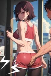 ai_generated ass ass_grab blush gym_clothes gym_uniform hair_ornament leggings leggings_under_shorts mikazuki_shizuka netorare phone pink_eyes short_hair shorts smile tomboy violet_hair zom_100_zombie_ni_naru_made_ni_shitai_100_no_koto