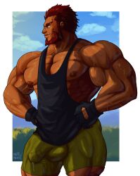 balls bara beard big_penis bulge facial_hair fate/zero fate_(series) fingerless_gloves flaccid gloves iskandar_(fate) male male_only muscles muscular ne0_navi penis precum precum_through_clothing red_hair shorts solo solo_male tank_top