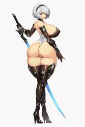 1girls alternate_version_available ass back_view backboob blindfold_removed blue_eyes breasts cameltoe green_eyes gurimjang gynoid high_heels huge_ass huge_breasts leotard looking_back nier:_automata plump robot robot_girl short_hair silver_hair skindentation solo solo_female solo_focus sword thick_thighs weapon white_background wide_hips yorha_2b