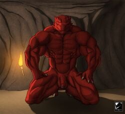 abs anthro balls biceps brunder casual_nudity cave closed_eyes detailed_background feet flaccid foreskin genitals hands_on_legs hands_on_thighs hi_res humanoid_genitalia humanoid_penis kevindragon kneeling male manly meditating meditation muscular muscular_anthro muscular_male nude penis quads red_body reptile scalie solo solo_focus torch triceps