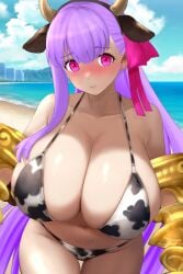 1girls bare_shoulders beach beach_background bikini bikini_bottom bikini_top blush blush_lines breasts_bigger_than_head cleavage cleavage_overflow cow_ears cow_headband cow_horns cow_print cow_print_bikini cowprint fate/grand_order fate_(series) female female_only hair_ribbon headband huge_breasts light-skinned_female light_skin light_skinned_female long_hair passion_lip passionlip_(fate) pink_eyes pink_hair_ribbon purple_hair raskasar