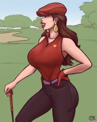 big_breasts big_lips bimbo_lips breasts brown_hair brunette_hair female female_only golf golf_club golf_course golf_outfit huge_lips large_lips lips long_hair mario_(series) mario_golf nintendo pauline raiounsfw red_lips thick_lips