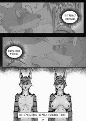 anthro arcsuh black_and_white breasts brother canid canine comic dialogue digital_media_(artwork) english_text equid equine eyewear female fur glasses hair hi_res hybrid incest infidelity kissing lizzy_(arcsuh) lynn_(arcsuh) male male/female male/male mammal monochrome nipples nude open_mouth procyonid raccoon sibling simple_background sister speech_bubble stripes text zebra zeek_(arcsuh)