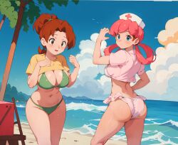 2023 2girls ai_generated ass ass_focus beach beach_day big_breasts bikini bikini_bottom bikini_top blue_eyes blue_sky blush blush_lines blushing blushing_female breasts brown_hair cleavage clouds cloudy_sky dark_skin day daylight delia_ketchum_(pokemon) female females females_focus females_only green_bikini hair hairtie hat horizon long_hair looking_back milf mountain multiple_girls nature navel nurse nurse_cap nurse_hat nurse_joy nurse_uniform ocean pale_skin palm_tree pink_bikini pink_hair pokemon ponytail sand seagull shore side_tie_bikini sun swimsuit tree twintails water