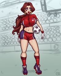 big_breasts big_lips bimbo_lips breasts brown_hair brunette_hair female female_only football football_(ball) football_player huge_lips large_lips lips long_hair mario_(series) mario_strikers nintendo pauline raiounsfw red_lips soccer soccer_ball super_mario_bros. thick_lips