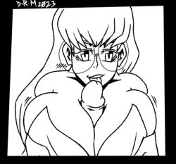 1boy 1girls black_and_white bra breasts clothed_paizuri commission commissioner_upload doctordrmnsfw engulfing_paizuri fellatio glasses large_breasts licking licking_penis long_hair monochrome mouse_(series) paizuri partial_male penis pov yayoi_kuribayashi