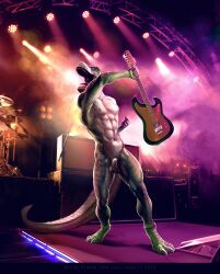 abs anthro balls dinosaur electric_guitar genitals guitar hi_res male musical_instrument nipples nude pecs penis performance plucked_string_instrument proann reptile rocco_(tallion) scales scalie solo stage stage_lights string_instrument theropod tyrannosaurid tyrannosaurus tyrannosaurus_rex