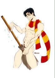 1boy abs athletic athletic_female black_hair broom dizdoodz eyewear facial_scar glasses green_eyes hair happy harry_james_potter harry_potter holding_broom holding_object male male_only mostly_nude naked_scarf neckwear nude nude_male nudity plain_background pubic_hair round_glasses scar scarf short_hair side_view signature smile solo standing striped_neckwear stripes teeth white_background