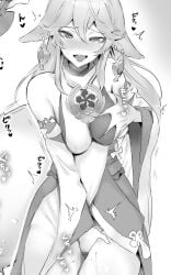 1girls ahe_gao black_and_white clothed cute_face earrings female fingering fingering_pussy fingering_self fingers fox_ears fox_girl genshin_impact grabbing grabbing_breasts grabbing_own_breast masturbation no_panties shrine_maiden solo_female sukoyaka93 tagme yae_miko