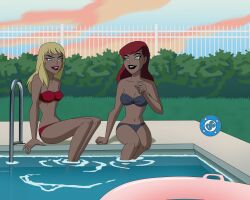 2girls barbara_gordon batman:_the_animated_series batman_(series) bikini blonde_hair blue_eyes cleavage dc dc_comics dcau female female_only glee-chan large_breasts linda_danvers long_hair multiple_girls pool poolside red_hair strapless_bikini superman:_the_animated_series superman_(series) the_new_batman_adventures