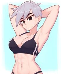 1girls abs axed axelia_monsterslayer black_sports_bra female female_only hand_behind_head silver_hair solo sports_bra webcomic webtoon xyroni