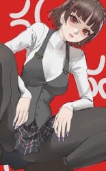 1girls angry angry_expression angry_eyes angry_face ass atlus bent_knees boots breasts brown_hair clothed clothed_female earrings female female_focus female_only fingernails frown fully_clothed fully_clothed_female leggings looking_at_viewer makoto_niijima painted_nails persona persona_5 pissed_off poechan red_background red_eyes school_uniform sega shin_megami_tensei short_skirt skirt solo solo_female solo_focus squatting vest