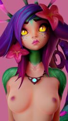 3d blender breasts breasts_out female female_only greyarea55 league_of_legends lizard_girl looking_at_viewer neeko portrait purple_hair solo