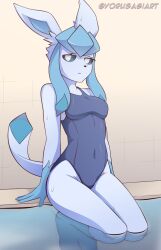 1girls 2023 blue_body blue_sclera breasts eeveelution female female_only furry furry_only generation_4_pokemon glaceon looking_at_viewer medium_breasts navel navel_visible_through_clothes pokémon_(species) pokemon pokemon_(species) pokemon_dppt signature swimming_pool swimsuit tail wet_body white_eyes yorusagi
