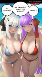 2girls angry_vein bare_shoulders bb_(fate) beach beach_background big_breasts bikini bikini_bottom bikini_top black_hair_ribbon blue_bikini blue_bikini_bottom blue_bikini_top blue_eyes cleavage english english_text fate/grand_order fate_(series) female female_only light-skinned_female light_skin light_skinned_female long_hair long_ponytail morgan_le_fay_(fate) multiple_girls navel ponytail purple_eyes purple_hair raskasar red_bikini red_bikini_bottom red_bikini_top red_hair_ribbon speech_bubble text text_bubble white_hair