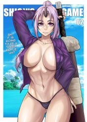 1girls background belly belly_button big_breasts breasts comic english_text female female_only holding_object holding_weapon huge_breasts human light-skinned_female light_skin looking_at_viewer nipples_covered no_bra oni oni_horn open_shirt page_2 panties partially_clothed ponytail purple_eyes redjet shion_(tensei_shitara_slime_datta_ken) smile smiling smiling_at_viewer standing stomach strip_game tensei_shitara_slime_datta_ken text watermark white_teeth