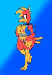 backpack banjo-kazooie between_legs big_breasts big_thighs bird green_eyes kazooie nude_female surprised sweatdrop traced