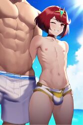 1femboy 2boys ai_generated androgynous arm_around_waist boxers briefs bulge choker femboy feminine_male genderswap_(ftm) girly hair_ornament head_out_of_frame height_difference male_only male_swimwear muscular_male otoko_no_ko pyra robofun rule_63 shorts sissy stable_diffusion swimsuit swimwear tiara trap twink xenoblade_(series) xenoblade_chronicles_2