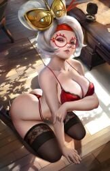 1girls big_breasts felox08 female female_only glasses hair_ornament heels kneeling lingerie looking_at_viewer narrowed_eyes nintendo purah purah_(tears_of_the_kingdom) red_eyes solo stockings tears_of_the_kingdom the_legend_of_zelda tied_hair voluptuous white_hair