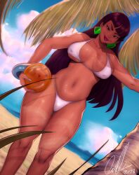 artist_signature ball beach big_breasts bikini blue_sky bra breasts chel dark-skinned_female dark_hair dark_skin dragon_ball dragon_ball_(object) native_american oddabellatay palm_tree panties shadow solo the_road_to_el_dorado todd_l._milhouse toddabella very_long_hair water white_bra white_panties wide_hips