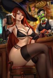 1girls 2023 armwear bar beer_mug crossed_legs detailed_background dragon's_crown felox08 female licking_lips lingerie long_hair looking_at_viewer red_eyes red_hair sitting sitting_on_chair skeleton smiling smiling_at_viewer sorceress_(dragon's_crown) stockings thick_thighs witch_hat