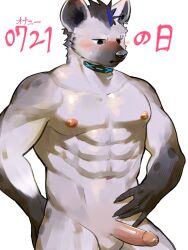 2023 5_fingers abs anthro areola arknights balls blush bulge detailed_bulge ear_piercing fingers fur genitals grey_background grey_body grey_fur hi_res humanoid_genitalia humanoid_penis hyena hypergryph looking_down male mammal muscular muscular_anthro muscular_male nude penis piercing pluto08010511 pu94_d1de4c simple_background solo spot_(arknights) spots spotted_body spotted_fur spotted_hyena studio_montagne