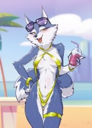 anthro bikini blue_fur canid canine canis centinel303 female_anthro female_only fur furry illumination_entertainment multicolored_fur porsha_crystal sing_(movie) sing_2_(movie) sunglasses white_fur wolf wolf_ears wolf_tail