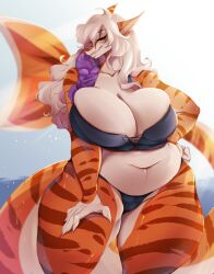 1girls 5_fingers alternate_species anthro belly big_breasts bikini black_bikini black_clothing black_swimwear braid braided_hair breasts bunnywhiskerz buxbi_(character) clothed clothing female female_only fingers fish hair hi_res highlights_(coloring) long_hair looking_at_viewer marine multicolored_hair obese overweight purple_hair purple_highlights shark sharp_teeth smile smiling smiling_at_viewer solo stripes swimwear tail teeth thick_thighs tiger_stripes two_tone_hair white_hair