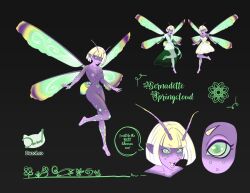 antennae blonde_hair blonde_hair character_name character_sheet dark_skin dazol fairy fairy_wings freckles green_eyes green_sclera humanoid insect_girl insect_wings large_breasts mostly_clothed navel_tattoo open_mouth purple_skin reference_sheet tagme toned yellow_hair