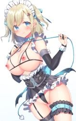 back_bow barbell_piercing belt blonde_hair blue_bow blue_collar blue_eyes blue_nails blue_ribbon blush bow bra breastless_clothes breasts collar cowboy_shot cross cross_earrings cupless_bra dutch_angle ear_piercing earrings eyes_visible_through_hair female frills garter_straps hair_ornament hair_ribbon hands_up heart highres holding holding_leash jewelry konnyaku_(yuukachan_51) large_breasts leash looking_at_viewer maid_headdress medium_hair mismatched_earrings nail_polish nipple_piercing nipples original piercing pussy pussy_juice ribbon simple_background single_garter_strap single_thighhigh smile solo star_(symbol) star_hair_ornament string_bra stud_earrings thigh_belt thigh_strap thighhighs two_side_up underwear white_background