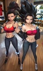 2023 2girls black_hair blue_eyes caulifla clothing detailed_background dragon_ball dragon_ball_super electricity felox08 female female_only gym high_ponytail kale long_hair looking_at_viewer saiyan shounen_jump smiling smiling_at_viewer spiky_hair sportswear